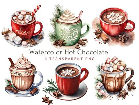 Watercolor Hot Chocolate Clipart Bundle Watercolor Hot - Etsy Spain Chocolate Christmas Decorations, Hot Chocolate Clipart, Chocolate Clipart, Hot Chocolate Christmas, How To Make Scrapbook, Chocolate Christmas, Christmas Hot Chocolate, Christmas Collage, Sweet Coffee