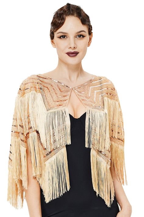 PRICES MAY VARY. Material: high quality polyester with sequins and long fringes. Size: One Size fits most. Feature: Bright color, sparkling sequin embellishments, double-layer fringes, clasp closure. Design: With the similar tones of cloth with sequins and irregular tassels, the Roaring 20s appears on this shawl. Perfect match for a cocktail dress or a party costume. Occasion: Stylish outfit for daily wear, also can be wore as a vintage 1920s flapper outfit for a special event such as Gatsby the 1920s Themed Party Outfit, Roaring 20s Party Outfit, Flapper Outfit, Gatsby Gala, Fur Trimmed Cape, Draped Coat, Cape For Women, The Roaring 20s, Gatsby Themed Party