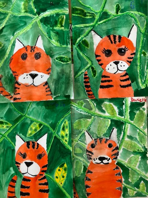 Tiger Paintings, Grade 1 Art, Elementary Art Rooms, Animal Art Projects, Tiger Drawing, Tiger Painting, Jungle Art, Kids Watercolor, La Art