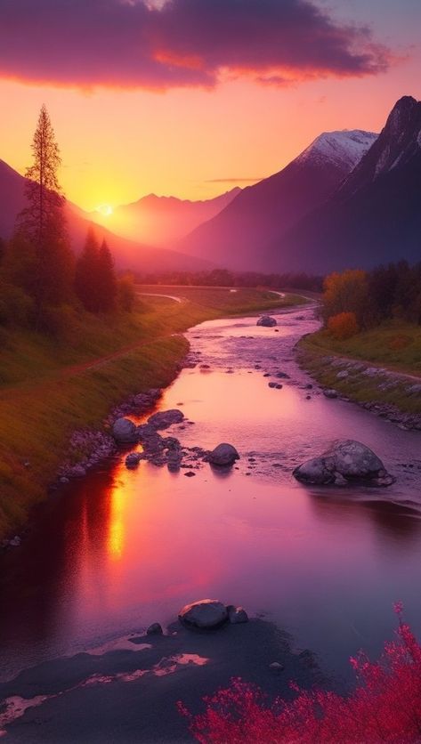 Beatiful sunset between mountains with cute river, wallpaper, beatiful nature Sunsets In The Mountains, River Wallpaper Aesthetic, Mountain Sunrise Tattoo, Beautiful Sunset Mountains, Mountain River Painting, Sunset And Mountains, Sunset Over Mountains, Mountain Sunsets, Sunrise In The Mountains