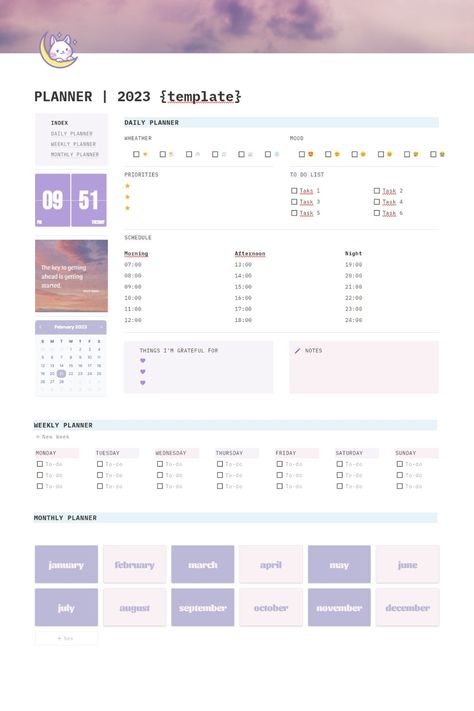 Stay organized in style with this Notion planner that offers a practical and cute layout for daily, weekly, and monthly planning. Accessible on your phone with a user-friendly interface, it's both efficient and visually pleasing. 😻 Organisation, Study Planner Printable Free, Free Weekly Planner Templates, Monthly Organization, Life Planner Organization, Aesthetic Notion, Notion Planner, Study Planner Printable, Weekly Planner Free