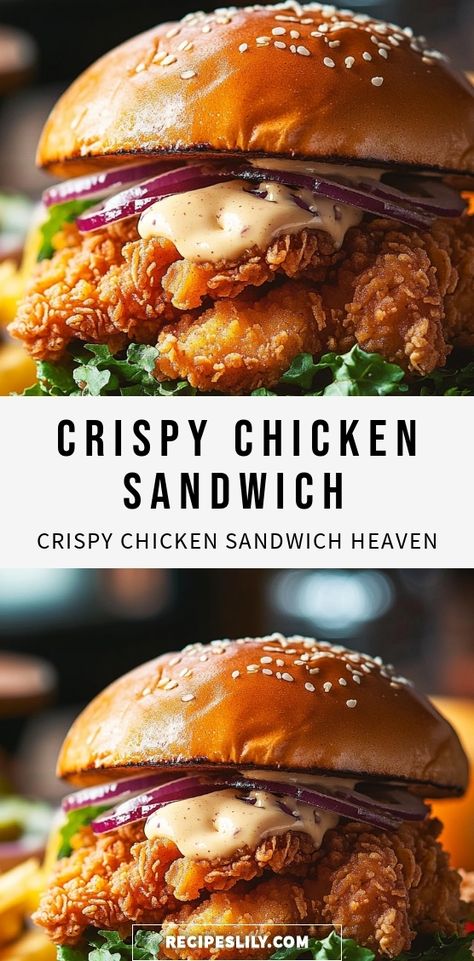 Satisfy your cravings with this delicious crispy chicken sandwich! Perfectly seasoned and fried to golden perfection, it’s layered with fresh veggies and your favorite sauce, all nestled between a soft bun. Ideal for a quick lunch or a satisfying dinner, this sandwich is a crowd-pleaser that you can easily customize. Get ready to elevate your taste buds and impress your family with this easy-to-make recipe! Perfect for busy weeknights or outdoor gatherings. Kfc Chicken Sandwich Recipe, Homemade Fried Chicken Sandwich, Blackstone Chicken Sandwich, Chicken Sandwich Recipes Fried, Chicken Breast Sandwich Recipes, Chicken Sandwich Sauce, Fried Chicken Sandwich Recipe, Crispy Chicken Sandwich, Chicken Breast Sandwich