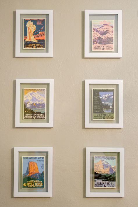 Postcard In Frame, National Park Posters Decor, Framed Postcards Wall Decor, Post Cards Wall Decor Aesthetic, Framed Post Cards, National Park Gallery Wall, Framed Postcards Display Ideas, National Park Room Decor, National Park Wall Decor