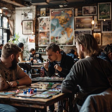 Board Game Cafe: Friends gathered in a cozy cafe, engrossed in a strategic board game surrounded by eclectic decor. #cafe #friends #boardgame #concentration #coffee #aiart #aiphoto #stockcake ⬇️ Download and 📝 Prompt 👉 https://ayr.app/l/RUY4 Board Games Photoshoot, Board Games Aesthetic, Games Cafe, Board Game Bar, Cafe Friends, Free Board Games, Bord Games, Cabin Photos, Cafe Photography