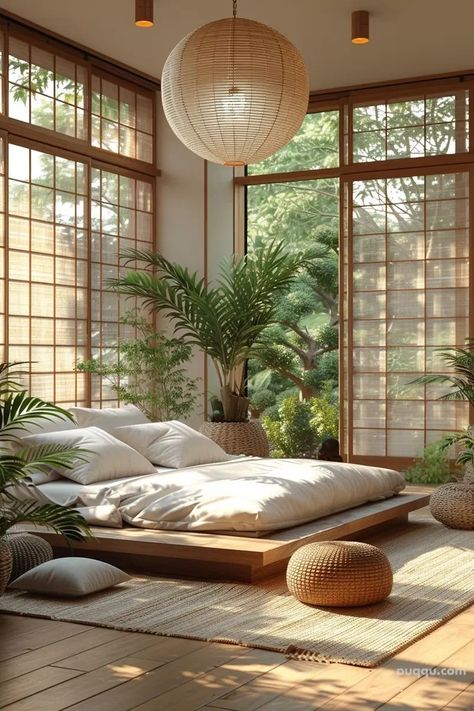 Asian House Design Japanese Style, Japan Style Interior Bedroom, Japanese Style Bedroom Zen, Japanese Nature Interior Design, Japanese Mansion Modern Bedroom, Japanese Inspired Bedroom, Japanese Home Design, Japandi Living, Sleeping Loft