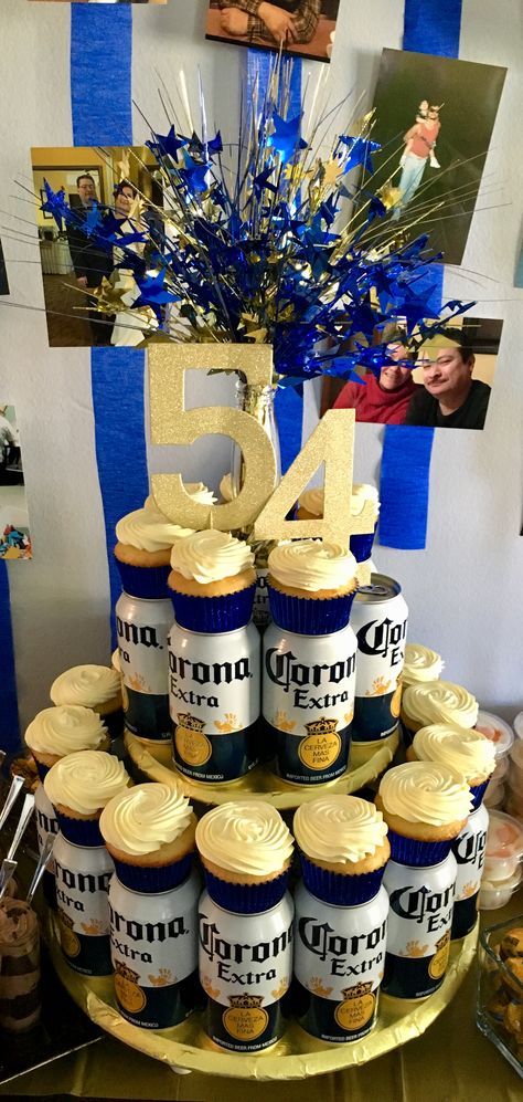 Men Cupcakes Ideas, Beer Cupcake Cake, Beer Pong Cupcakes, Beer Cupcake Tower, Beer Can Cupcake Tower, Beer Can Cupcake Cake, Beer Can Cake With Cupcakes, Beer Cake Tower Diy, Beer And Cupcake Tower