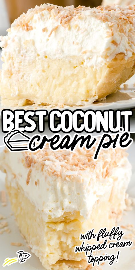 Close up shot of a slice of Coconut Cream Pie on a plate. Easy Coconut Cream Pie, Coconut Creme Pie, Coconut Cream Pie Easy, Best Coconut Cream Pie, Coconut Pie Recipe, Cream Pie Filling, Coconut Cream Pie Recipes, Homemade Pie Crust Recipe, Coconut Desserts