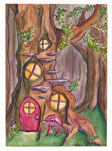 paljon hienoja kuvia Fairy House Drawing, Fairy Garden Drawing, Fairy Garden Art, Whimsical Art Paintings, Watercolor Projects, Background Drawing, Cottage Art, Tree Houses, Nature Drawing