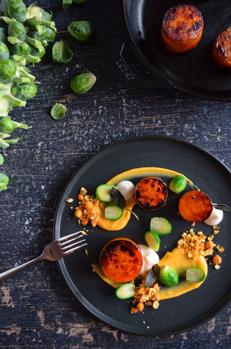 Fondant sweet potato, sweet potato and roasted garlic puree, brussel sprouts, honeyed creme fraiche, textures of chick peas... #meatlessmonday #sweetpotato #fondant #black #orange #vegisthenewsexy #artofplating #foodart Garlic Puree, Meatless Monday, Brussels Sprouts, Roasted Garlic, Brussel Sprouts, Brussel Sprout, Black Orange, Brussels, Fine Dining