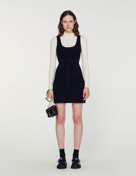 Ora Pinafore dress - Dresses | Sandro Paris Pinafore Dress Outfit, Cardigan Crop, Winter Outfit Inspiration, Sandro Paris, Strappy Dresses, Tshirt Skirt, Pinafore Dress, Celebrity Outfits, Mode Inspiration