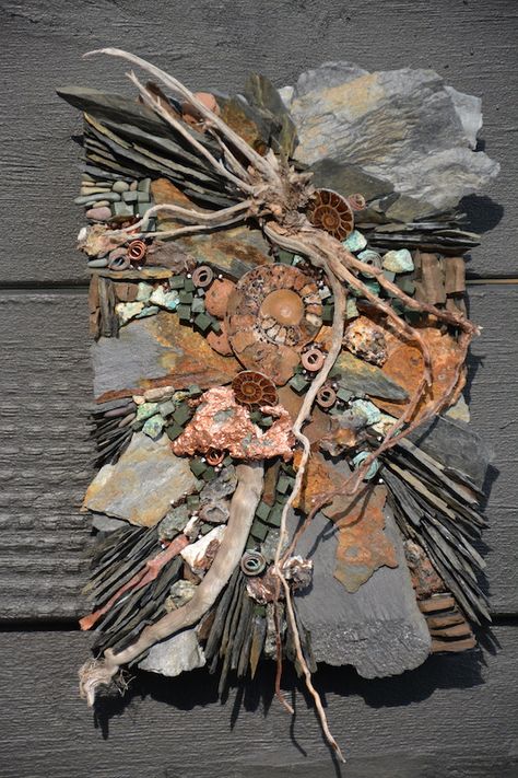 Abstract Mosaic Art, Pocket Art, Mosaic Art Diy, Mixed Media Mosaic, Deco Nature, Collage Art Mixed Media, Stone Crafts, Assemblage Art, Driftwood Art