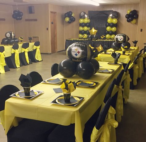 Pittsburgh Steelers party decorated by Decor By Yolanda Steeler Party Decorations, Pittsburgh Steelers Birthday Party, Steelers Decorations Diy Party Ideas, Pittsburgh Steelers Party Ideas, Steelers Party Decorations, Steelers Party Ideas, Steelers Themed Birthday Party, Steelers Birthday Party Ideas, Steelers Birthday Party