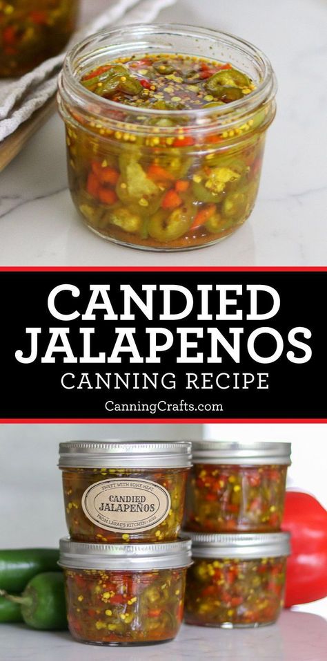 Candied Jalapeños Canning Recipe | Candied jalapeños are a delicious condiment that pairs well with meats and cheeses, can be spread on sandwiches, stuffed into burritos, or spooned in chile con queso. Canning jalapeño peppers is an easy one-day project that you will add to your summer recipe book. Get the recipe on CanningCrafts.com | #canningcrafts #canning #foodpreservation #preserving #homecanning #masonjarlabels #masonjargifts #candiedpeppers #candiedjalapenos #jalapenopeppers Pickled Jalapeno Recipe, Canning Jalapeno Peppers, Canning Peppers, Hot Pepper Recipes, Jalapeno Relish, Pickled Jalapeno Peppers, Canned Jalapenos, Candied Jalapenos, Jalapeño Peppers