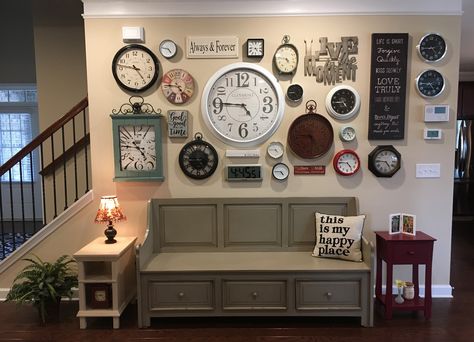 Kitchen Wall Art With Clock, Clock Collection Display, Clock Wall Decor Layout Living Room, Wall Of Clocks Display Ideas, Clock Gallery Wall, Wall Clock Collage, Wall Of Clocks, Living Room Clock Wall Decor, Wall Clock Decor Living Room Modern