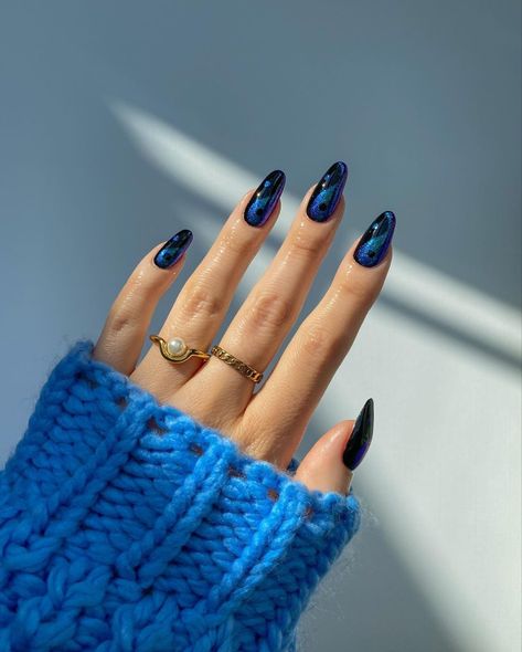 Black And Blue Nails, Party Manicure, Yin Yang Nails, Short Almond Shaped Nails, Grow Long Nails, Blue Nail Art Designs, Dark Blue Nails, Velvet Nails, Blue Nail Art