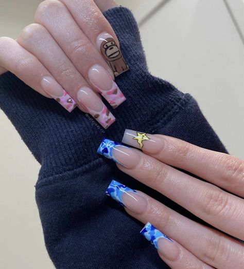 Trendy Baddie Nails, Streetwear Nails, Bape Nails, Posh Nails, Acrylic Nail Set, Hard Nails, Blue Acrylic Nails, Girly Acrylic Nails, Simple Acrylic Nails