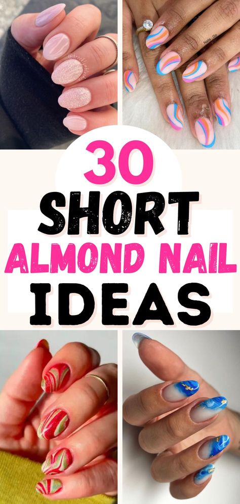 short almond nails Colorful Nail Designs Almond Shape, Almond Short Gel X Nails, Spring Short Almond Shaped Nails, Simple Spring Nail Ideas Almond Shape, Cute Nail Ideas Almond Shape Short, Short Oval Spring Nails, Medium Almond Acrylic Nails Summer, Extra Short Almond Acrylic Nails, Simple Summer Nails Almond Shape