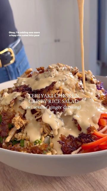 Tasty Tales Haven | Food Page on Instagram: "📹 Creator: @kalejunkie

Teriyaki Chicken Crispy Rice Salad: Say hello to a flavor-packed bowl of goodness! Crispy rice meets tender teriyaki chicken, all tossed in a vibrant salad with a creamy sesame ginger dressing that’ll make your taste buds dance. It’s fresh, crunchy, savory, and totally crave-worthy! 🍗🍚🥗✨

Makes 4 meal salads or 6-8 smaller salads⁣

You’ll need:

Crispy Rice⁣:
2 cups cooked rice, cooled (I used jasmine)⁣
1 tb sesame oil⁣
2 tb teriyaki sauce/marinade (I used San-J GF Teriyaki sauce/marinade)⁣
⁣
Chicken⁣:
1 rotisserie chicken⁣
1/4 cup teriyaki sauce/marinade (same as above)⁣
⁣
Salad⁣:
5 Persian cucumbers, thinly sliced (or 1 large English cucumber)⁣
1/2 cup red cabbage, finely sliced⁣
1/2 cup cilantro, chopped⁣
1 bunch g Teriyaki Sauce Marinade, Kalejunkie Recipes, Crispy Rice Salad, Meal Salads, Sesame Ginger Dressing, Salted Peanuts, Toasted Sesame Oil, Chicken Crispy, Sesame Ginger