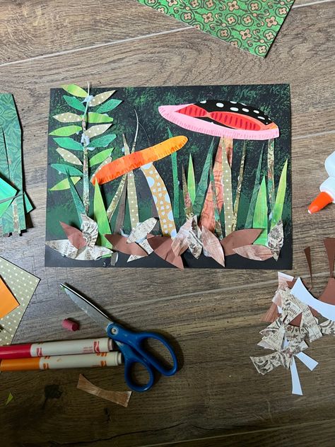 Grade Two Art Projects, Mushroom Art Kindergarten, Grade 1 Art Activities, Fall Art Class Projects, Habitat Art Projects For Kids, Collage House Art, Children’s Art Projects, Woodland Animal Art Projects For Kids, Mushroom Art Projects