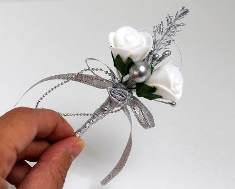 White Rose with Silver beads Wedding Boutonniere by BridalLife, $6.00 Silver Boutonniere, White And Silver Corsage And Boutonniere, White Rose Buttoniere, White Rose Button Hole, White Rose Boutonniere Black Ribbon, Family Flowers, Beaded Wedding, Boutonniere Wedding, Glam Wedding