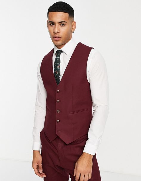 Vest by ASOS DESIGN Part of our responsible edits V-neck Button placket Side pockets Contrast back with an adjustable cinch Skinny fit | ASOS DESIGN skinny linen mix suit vest in burgundy Groomsman Burgundy Vest, Butgundy Vest Suits, Red Vest Men, Semi-formal Single Breasted Burgundy Suit, Affordable Red Men's Vest, Mens Waistcoat, Burgundy Style, Suit Waistcoat, Guest Attire