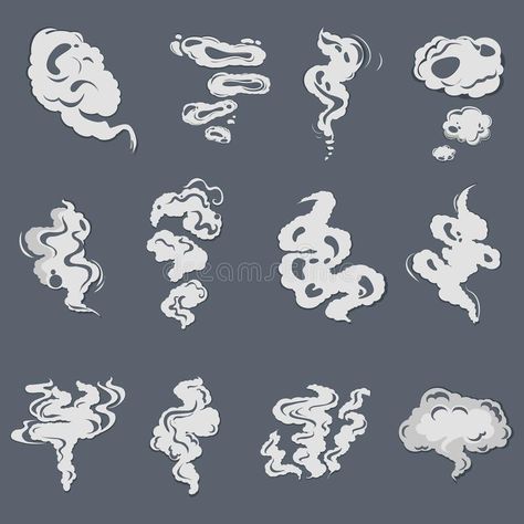 Smoke set effects, cartoon steam clouds, puff and mist, fog watery vapour and dust explosion. Vector smoky design icon, stink effect white, trail illustrated stock illustration Dust Cloud Drawing, Fog Reference Drawing, Mist Tattoo, Drawing Fog Tutorial, Mist Drawing, Dust Drawing, Fire Infographic, Insta Carousel, Fog Illustration