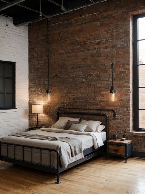 Industrial bedroom ideas with exposed brick walls, metal accents, and utilitarian decor #BedroomIdeas #BedroomDesign Brick Bedroom, Industrial Bedroom Design, Industrial Style Bedroom, Grey Bedroom Furniture, Masculine Bedroom, Industrial Bedroom, Scandinavian Bedroom, Bedroom Bliss, Industrial Interior Design