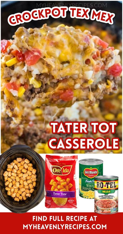 Crockpot Tex Mex Tater Tot Casserole Recipe- easy crockpot dinner idea using ground beef and sausage. Easy slow cooker meal for the family. Unique recipe Essen, Tex Mex Tater Tot Casserole, Easy Slow Cooker Meal, Ground Beef And Sausage, Sausage Crockpot Recipes, Slow Cooker Ground Beef, Sausage Crockpot, Slow Cooker Meal, Unique Dinner Recipes