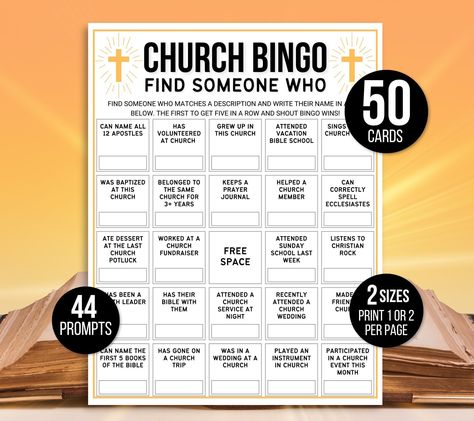 Church Bingo, 50 Church Bingo Cards, Christian Bingo, Find Someone Who Bingo, Church Game Night, Church Party Games, Christian Icebreaker Get To Know You Bingo, Christian Bingo, Find Someone Who Bingo, Church Game Night, Mingle Bingo, Bible Bingo, Games For Ladies Night, Human Bingo, Fun Icebreaker Games