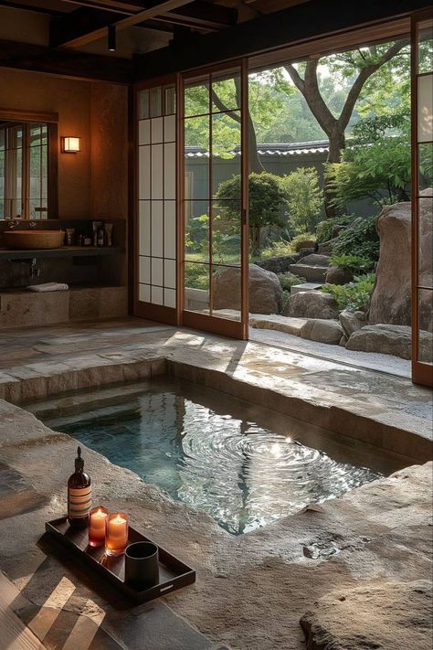 Onsen Style Bathroom, Bathroom With Couch, Asian Themed Bathroom, Japanese Home Inspiration, Japanese Spa Bathroom, Japanese Design Interior, Asian Style Bathroom, Asian Inspired Bathroom, Japanese Flooring