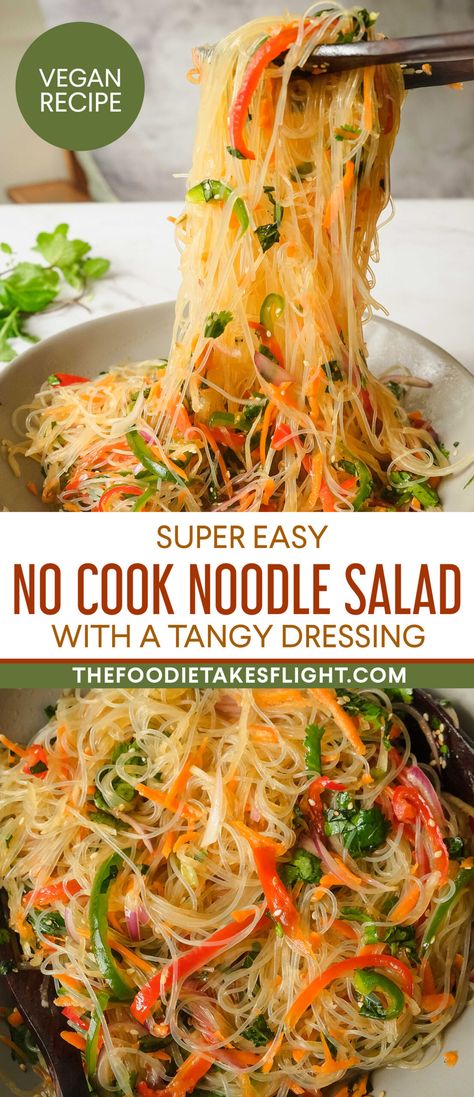 No Cook Noodle Salad with a Tangy Dressing Vegan Vermicelli, Asian Noodle Salad Recipe, Glass Noodle Salad, Noodle Salad Cold, Asian Noodle Salad, Rice Noodle Salad, Asian Noodle Recipes, Noodle Salad Recipes, No Cook