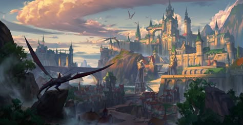 Dragon City Fantasy Art, Fantasy Places City, Dragon Landscape, Medieval Concept Art, Fantasy Castle Art, Kingdom Wallpaper, Dragon Kingdom, Dragon Castle, Dragon World