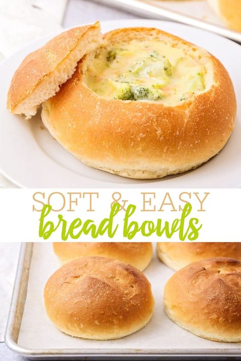 Easy Bread Bowls, Bread Bowls For Soup, Cheesy Potato Soup Easy, Mini Bread Bowls, Bread Items, Bread Bowl Dip, Bread Bowl Soup, Homemade Bread Bowls, Bowl Recipes Easy