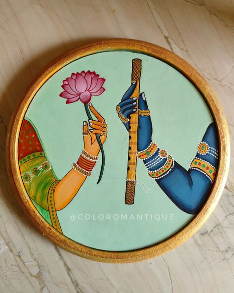 Exquisitely hand painted 'Radha Krishna Hand Pichwai Painting' wall frame.   This painting is for sale!   Description : Dimensions: 8" inch’s Material: Hand-painted on MDF MRP – Kindly DM us!   #pichwaiwallart #pichwaitradition #pichwai #indianfilkart #indianart #camlinindia #indiandecor #hobbyideasindia #indianartist #trendydecor #indianartist #PichwaiPainting #PichwaiArtPaintings #AuthIndia #PichwaiLove #PichwaiBazaar #PichwaiPaintingArt#IndianPaintingStyle #FolkArt #folkartist #folkcrea... Wall Painting Radha Krishna, Krishna Ji Lippan Art, Radha Krishna Pichwai Painting, Krishna Painting On Fabric, Radha Krishna Painting Ideas, Radha Krishna Fabric Painting, Radha Krishna Art Paintings, Krishna Drawing Painting, Krishna Hand Painting