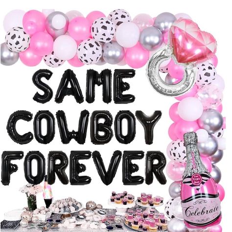 Add Flair To Your Bachelorette Party Decor With This Eye-Catching Balloon Party Set! It's Guaranteed To Liven Up The Atmosphere! The Kit Includes: 1 X Black “Same Cowboy Forever” Foil Balloon 16 Inches (No Helium Supported) 15 X Pink Latex Balloons 12 Inches 10 X White Latex Balloons 12 Inches 10 X Cow Print Latex Balloons 12 Inches 10 X Metallic Silver Latex Balloons 12 Inches 5 X Confetti Balloons 12 Inches 5 X Pink Latex Balloons 5 Inches 5 X White Latex Balloons 5 Inches 1 X Champagne Foil B Western Bachelorette Party Decorations, Cowgirl Bridal Shower, Black Bachelorette Party, Western Bachelorette Party, Bachelorette Party Balloon, Wild Bachelorette Party, Bachelorette Balloons, Western Bachelorette, Cowgirl Bachelorette Parties