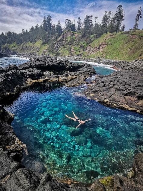 Crystal pool on Norfolk Island is absolutely stunning!.. And it certainly lives up to its name with crystal clear water filling the coral covered rock pool. For more pics check out our blog :) Rock Pools Aesthetic, Iceland Pools Hot Springs, Scotland Fairy Pools, Koholint Island, Norfolk Island, Fairy Pools Isle Of Skye Scotland, Oceania Travel, The Coral, Island Living