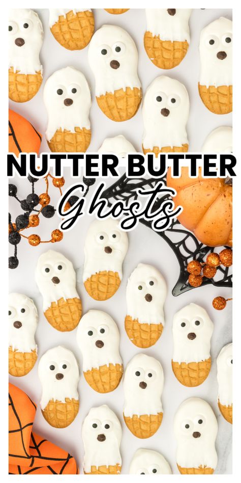 Nutter Butter Ghost Cookies on a Halloween decorated table Halloween Themes Party Food, Fun Halloween Sweet Treats, Pumpkin Snacks For Kids To Make, Kids Halloween Party Treats For School, Halloween Nutter Butter, Halloween Ghost Snacks, Halloween Inspired Finger Foods, Butter Butter Ghosts, Cute Fall Treats For Kids