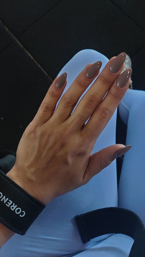 Basic Nails Oval, Solid Color Acrylics Almond, Cute And Simple Almond Nails, Plain Pretty Nails, Gel Nails Ideas Short Plain, Plain Nail Polish Ideas, Tan Oval Nails, Basic Colors Nails, Solid Neutral Nails