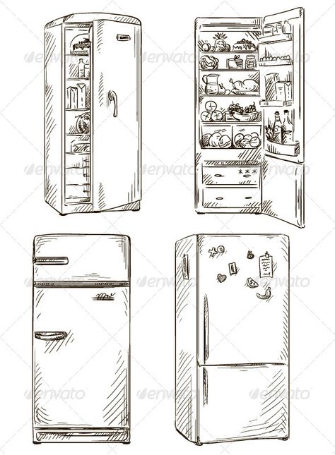 Fridges. Open Fridge Drawing, Fridge Sketch, Refrigerator Drawing, Fridge Drawing, Fridge Illustration, Open Fridge, Sketch Vs Final, Objects Drawing, Fridge Art