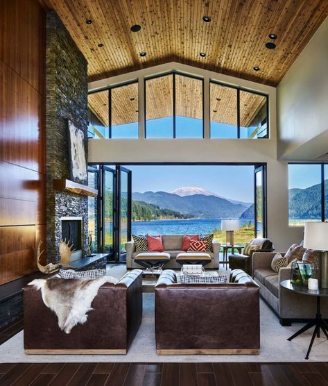 contemporary-living-room Lake House Interior Design, Modern Lake House Decor, Contemporary Lake House, Small Lake Houses, Lake House Living Room, Contemporary Decor Living Room, Lake House Interior, Cabin Living Room, Modern Lake House