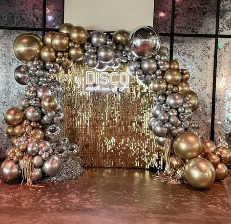 Unique Party Backdrop Ideas, Gold And Silver Disco Theme, Silver And Gold Party Theme, Gold And Silver Decorations Party, Disco Prom Theme 70s Party, 70s Party Favors, Disco Formal Theme, Studio 54 Birthday Party, Gold Disco Party