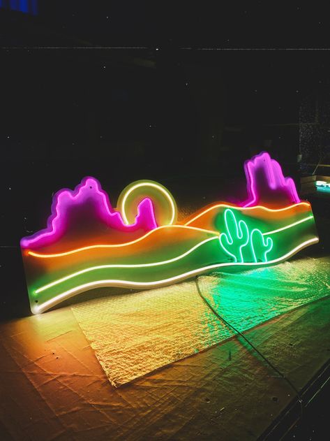 Western Desert With Cactus LED Neon Sign Cactus Wall Decor Nature Aesthetic Sandy Desert Mountains Travelers Gift - Etsy Neon Desert Aesthetic, Arizona Aesthetic Decor, Cactus Chandelier, Desert Night Aesthetic, Camp Signage, Disco Desert, Desert With Cactus, Desert Motel, Rainbow Desert