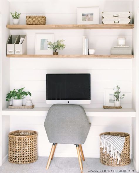 One Wall Desk Home Office, Floating Shelves Office Desk, Office Nook Ideas Small Workspace Built Ins, Styling Floating Shelves Office, Floating Shelves Study Office Ideas, Desk Shelf Styling, Office Desk Styling Ideas, 3 Floating Shelves Office, Home Office Wall Decor Floating Shelves