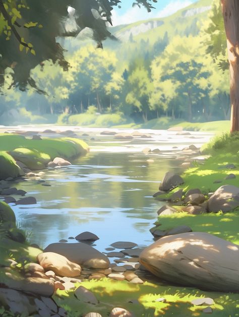 Forest Setting Drawing, River Environment Concept Art, Beach Background Drawing, River Concept Art, Environment Study, River Drawing, Forest Drawing, Forest Scenery, Disney Background