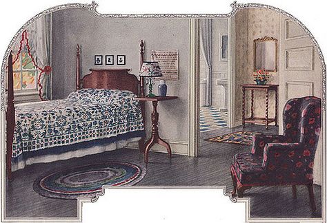 Armstrong Cork Co., at least in some part, owes its successful marketing of linoleum floors to its interior designers who produced a wonderful collection of illustrations during the 1920s.  Source: Ladies Home Journal Image from the 1920s bedroom gallery at American Home & Style. Bedroom Colonial Style, Colonial Style Bedroom, 1920s Bedroom, 1920s Home Decor, 1920s Interior, 1920 Home, 1920s Decor, 1920s Interior Design, Living Room Turquoise