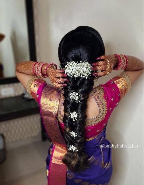 Latest Indian Hairstyles For Women, Fish Braid Hairstyles Wedding Indian, Nalugu Hairstyles, Tamil Bridesmaid Hairstyle, South Indian Bridesmaid Hairstyle, Hairstyles For Bridesmaids Indian, Messy Bride Hairstyles, Messy Braided Hairstyles Indian, Messy Braid Indian Wedding