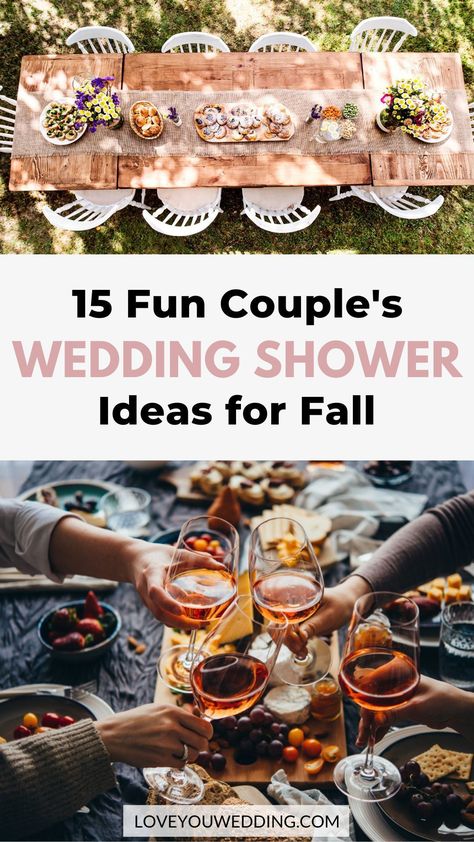 Boho Couple Shower Ideas, Couple’s Shower Ideas, Bonfire Couples Shower Ideas, Bridal Shower Ideas For Couples, Fall Themed Couples Shower Ideas, Fall Couples Shower Decorations, Co Ed Wedding Shower Themes, Couples Shower Themes Wedding, His And Hers Wedding Shower Ideas