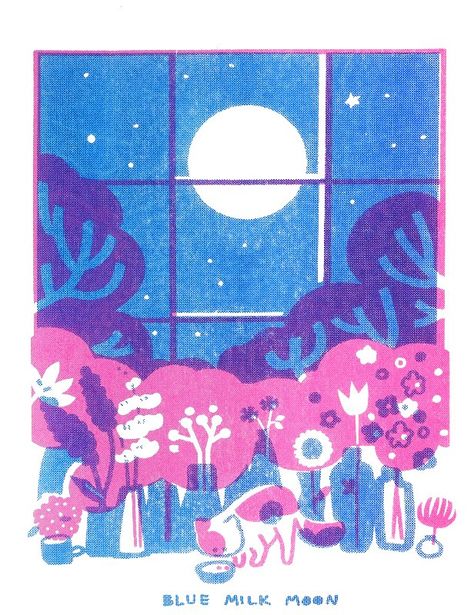 Reban Ayam, Risograph Illustration, Risograph Design, Riso Printing, Flower Moon, Zine Design, Riso Print, Risograph Print, Printmaking Art