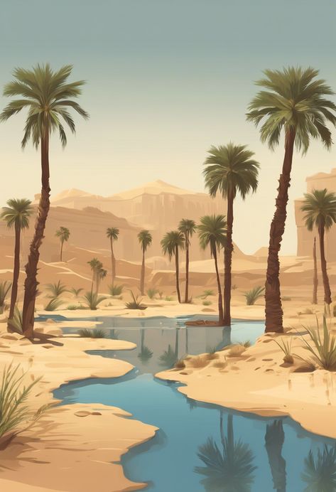 Oasis in Arabian Desert Check more at https://paintlyx.com/oasis-in-arabian-desert/ Desert Oasis Art, Desert Oasis Aesthetic, Oasis Cake, Oasis In Desert, Oasis Drawing, Desert Aesthetic Decor, Oasis Illustration, Arabian Illustration, Arabian Desert Aesthetic