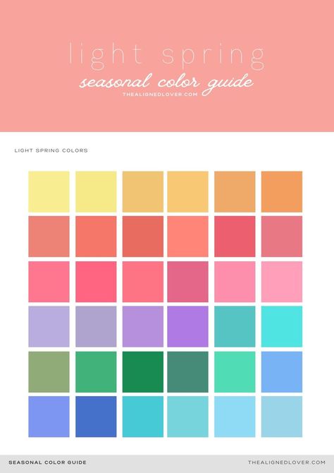 Guide to the Light Spring Seasonal Color Palette | The Aligned Lover Spring Seasonal Color Palette, Spring Skin Tone, Warm Spring Color Palette, Light Spring Palette, Light Spring Color Palette, Seasonal Color Palette, Spring Skin, Colored Shadow, Light Spring Colors